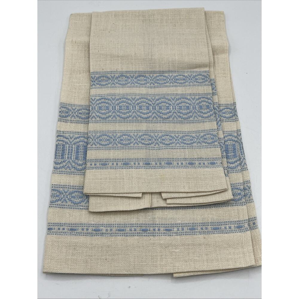 Vintage Embroidered Tea Towel & Napkin Set • Beige Blue Linen Blend